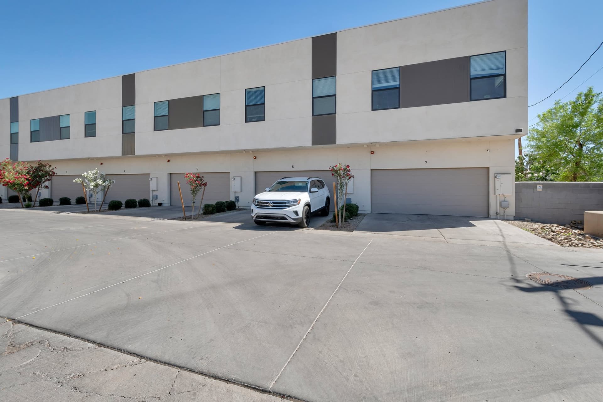 Oversized two-car garages, one per residence