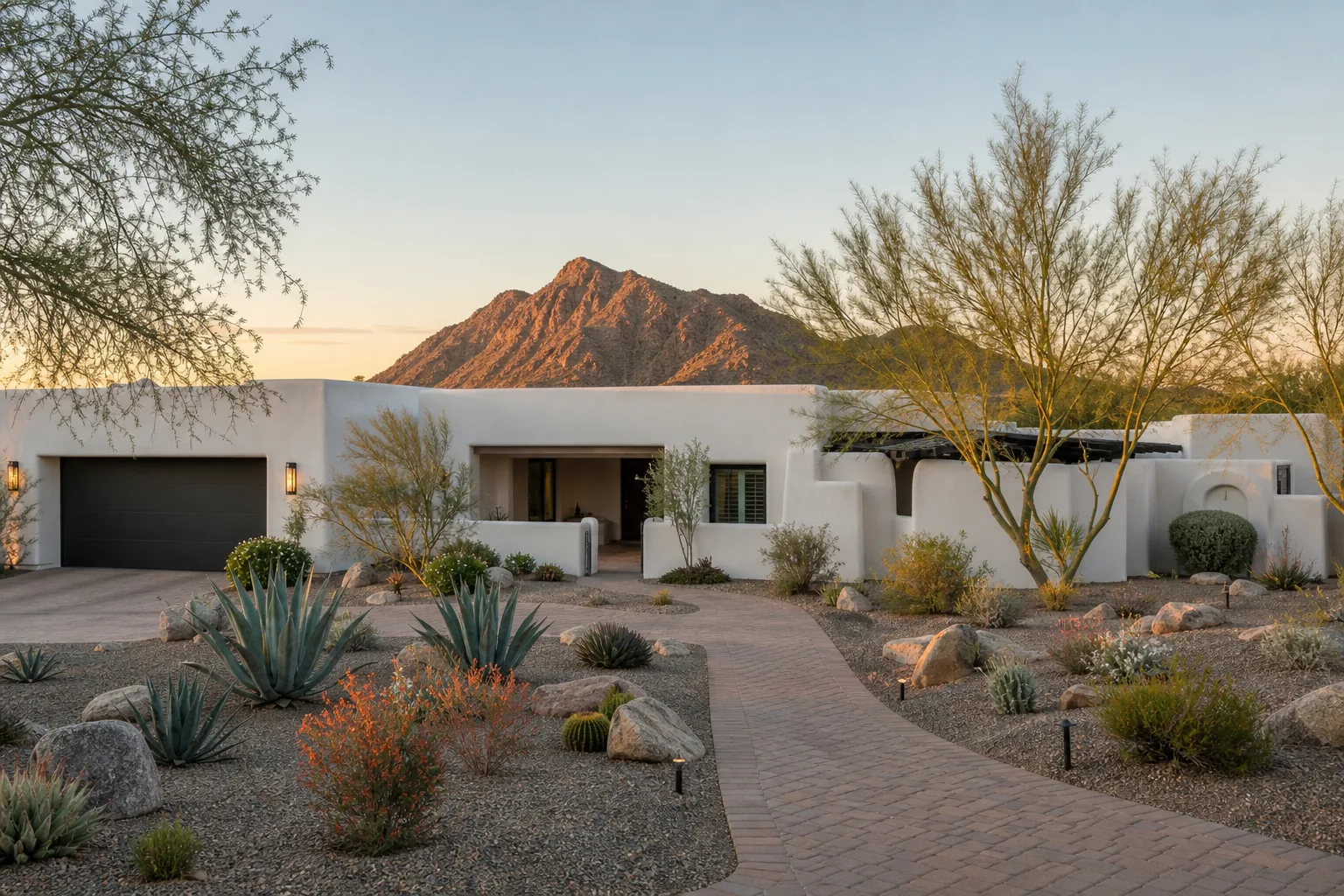 A single-story desert-modern home in Scottsdale at golden hour, with Camelback Mountain behind it