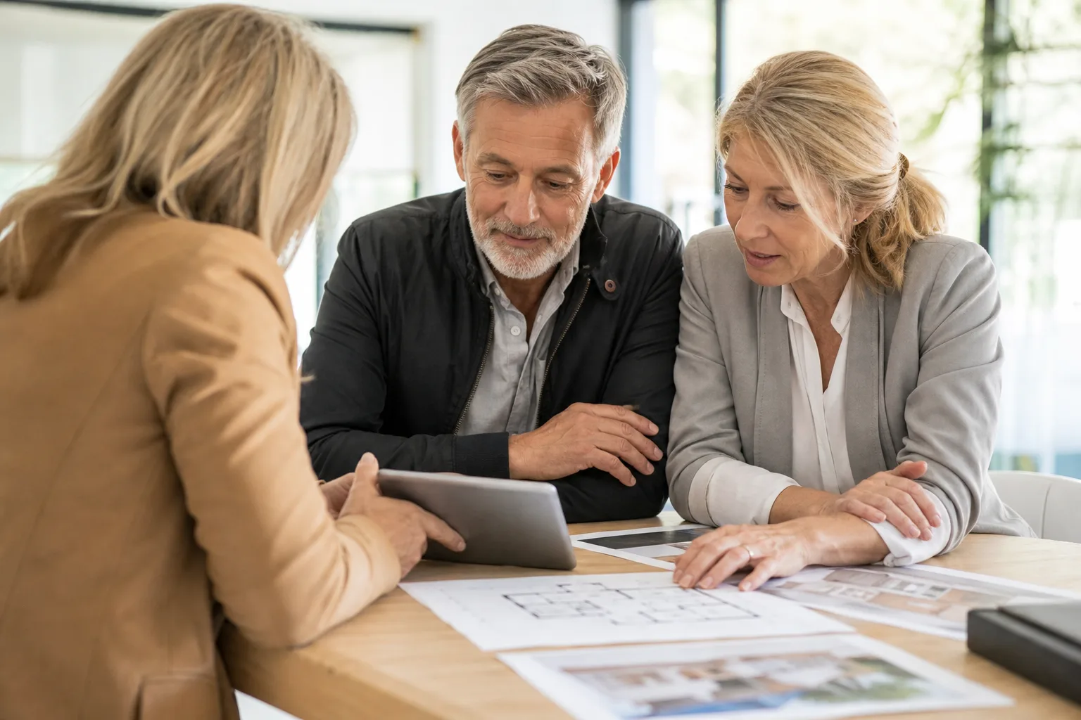 A couple reviewing home plans and documents with a real estate agent at a bright table